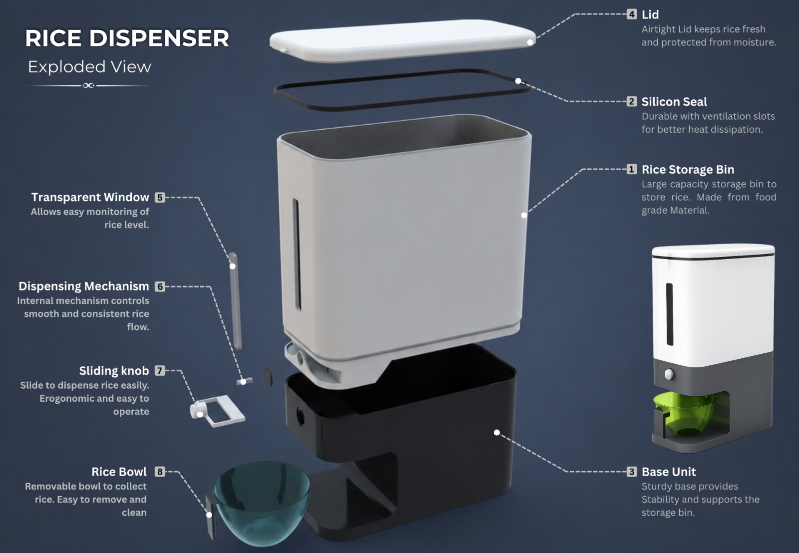 Rice dispenser product design exploded view